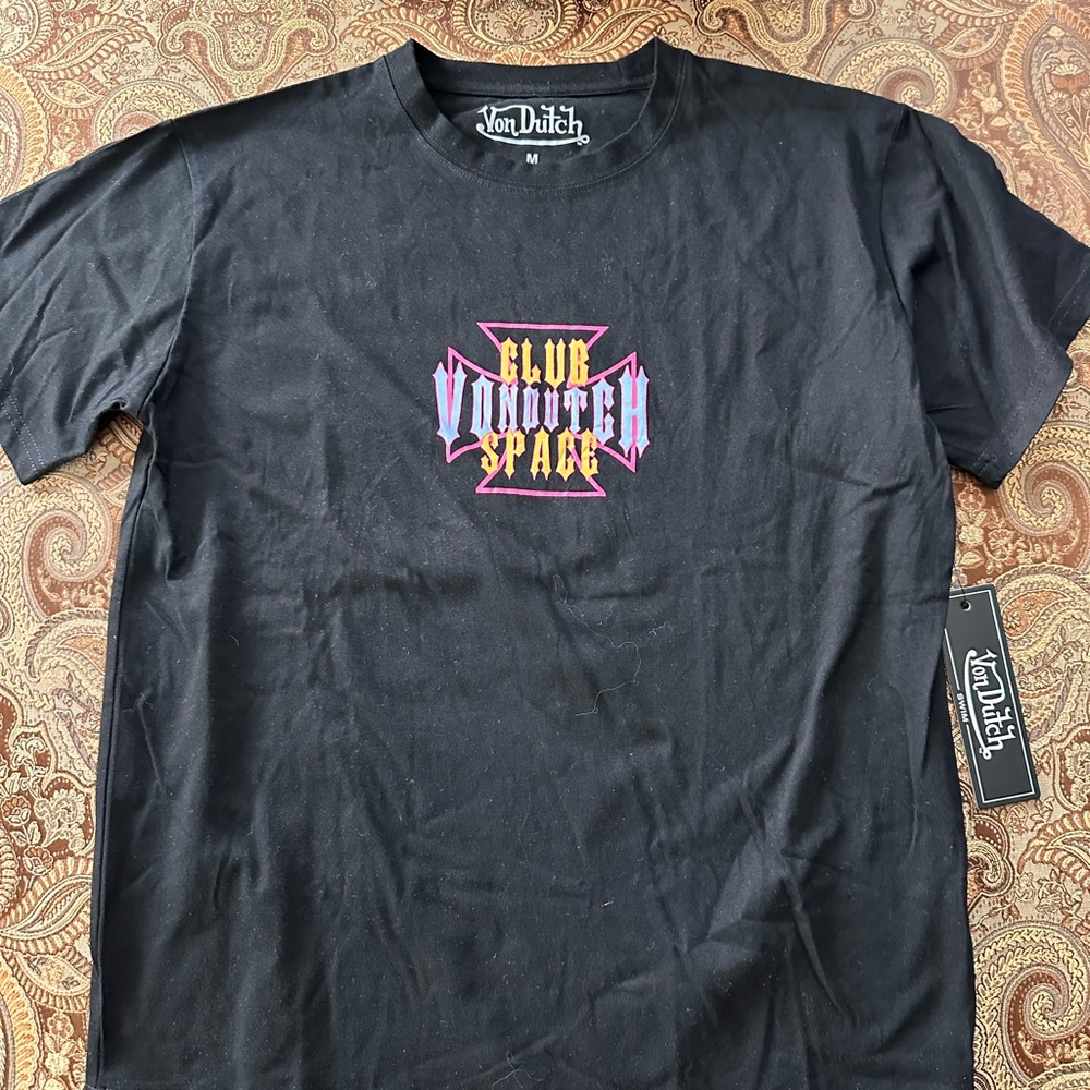 Von Dutch Black Short-Sleeve Tee with Purple & Yellow 'Club VonDutch Space' Logo